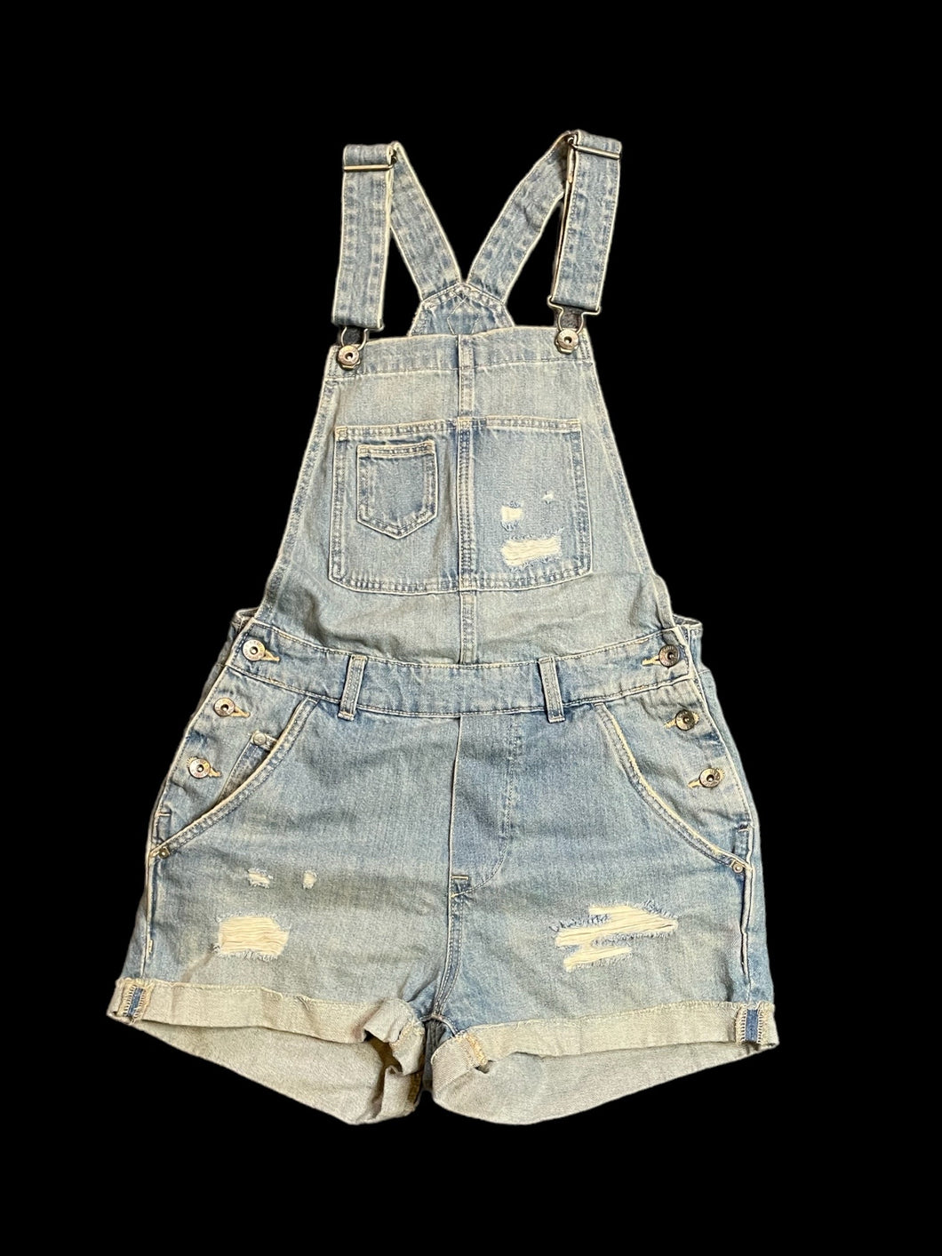 S Light blue distressed denim overall shorts w/ adjustable straps, pockets, belt loops, cuffed hems, & side button closures