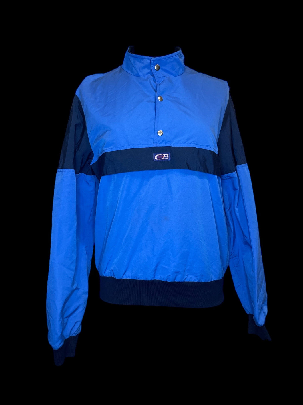 L Vintage 80s blue & black long sleeve 3/4 button down jacket w/ pockets, & ribbed hems