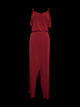 Load image into Gallery viewer, L Burgundy short sleeve cold shoulder v-neckline wide leg jumpsuit w/ adjustable straps, &amp; elastic waist
