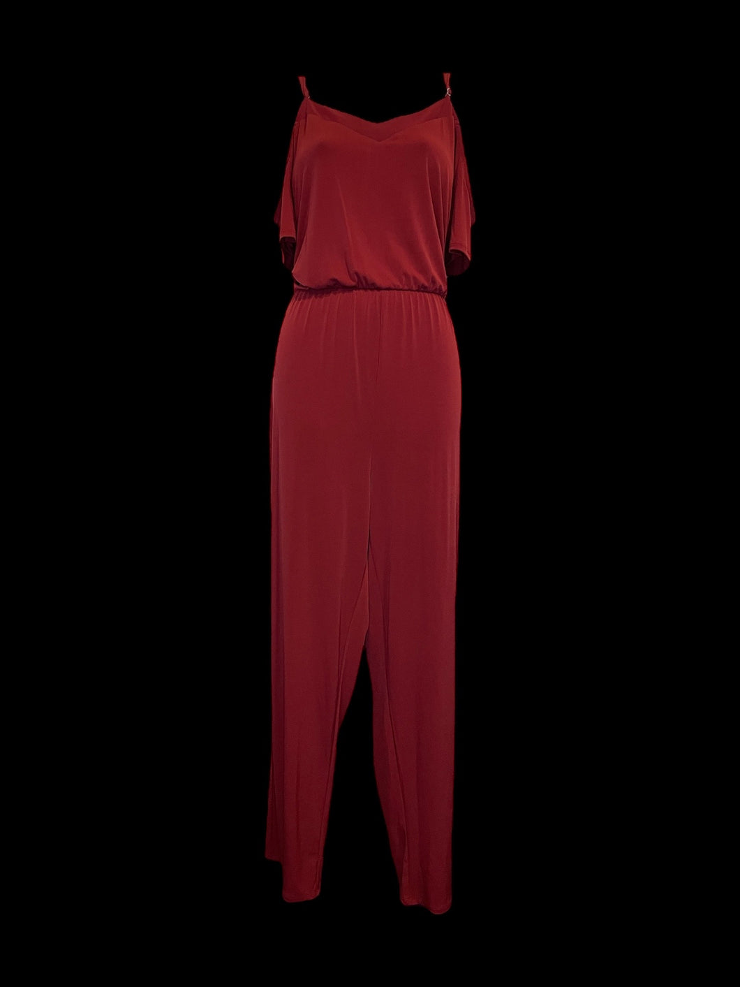 L Burgundy short sleeve cold shoulder v-neckline wide leg jumpsuit w/ adjustable straps, & elastic waist