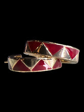 Load image into Gallery viewer, Vintage 60s gold-like saddleback hoop earrings w/ red triangle details
