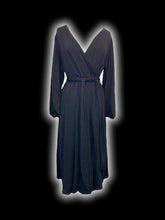 Load image into Gallery viewer, XL Black balloon sleeve mock wrap neckline maxi dress w/ side hem slit, clasp neckline, belt loops, &amp; cloth waist tie
