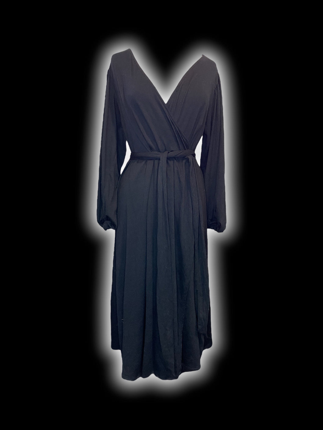 XL Black balloon sleeve mock wrap neckline maxi dress w/ side hem slit, clasp neckline, belt loops, & cloth waist tie