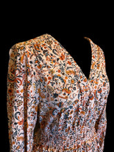 Load image into Gallery viewer, L Pink, orange, &amp; blue floral pattern balloon sleeve mock wrap neckline midi dress w/ shirred waist, &amp; pockets
