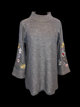 Load image into Gallery viewer, 0X Grey 3/4 wide sleeve high neckline sweater w/ multicolor floral embroidery
