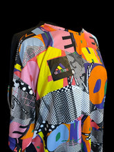 Load image into Gallery viewer, 0X Black, white, &amp; multicolor abstract pattern Adidas pride collection short sleeve v-neckline top w/ mesh cutout details
