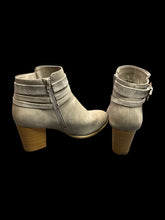Load image into Gallery viewer, 7.5M/9W Grey pleather heeled booties w/ buckle details, &amp; zipper closure
