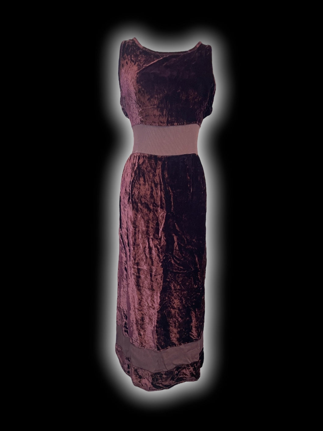 L Vintage 90s plum velvet sleeveless maxi dress w/ rib knit accents