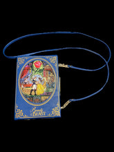 Load image into Gallery viewer, Dark blue “Beauty &amp; The Beast” book shaped bag w/ detachable strap, gold-like accents, internal card wallet, internal pouch, &amp; clasp closure
