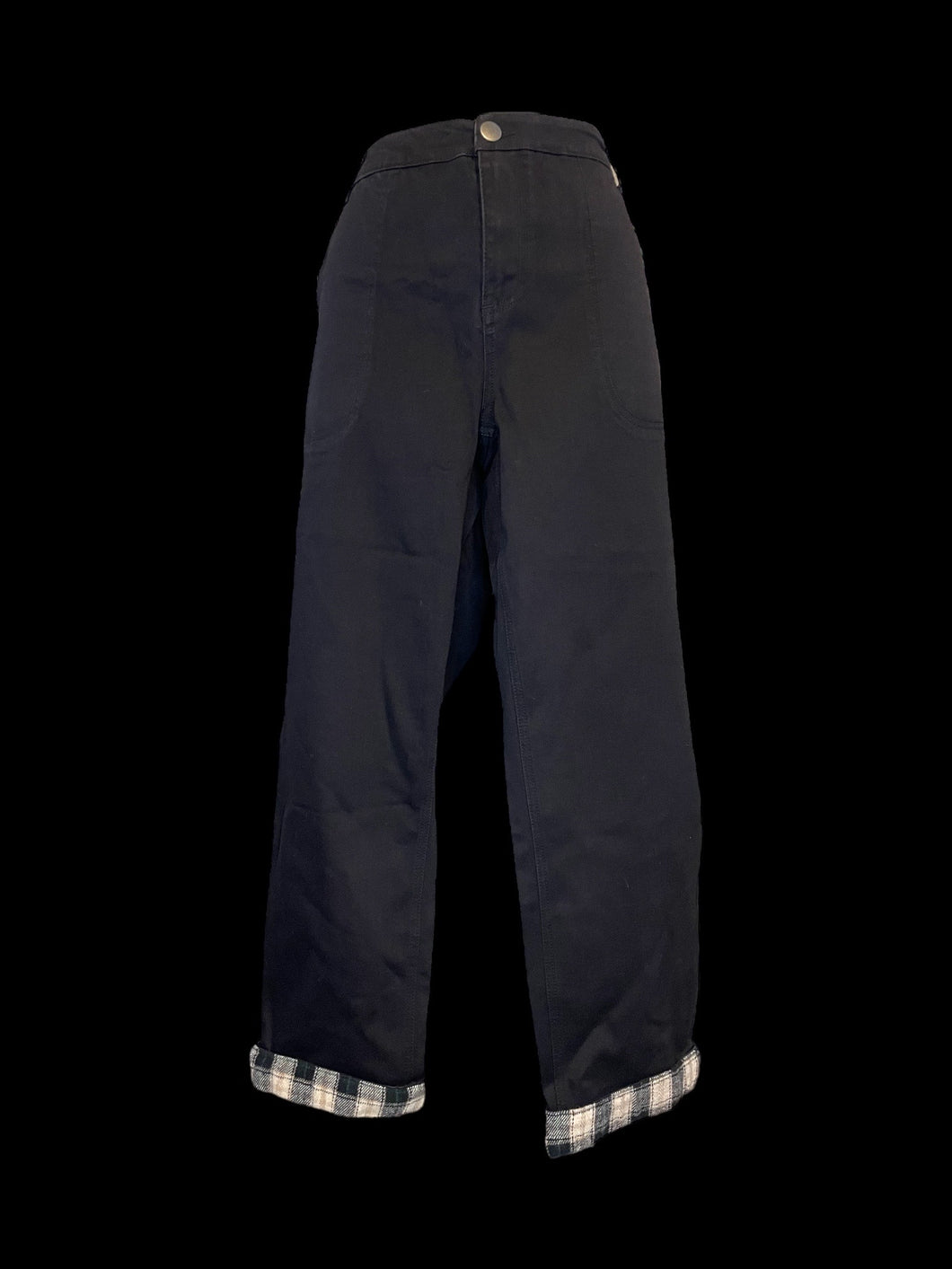 L Black high waist straight leg pants w/ beige, black, & green plaid details, pockets, belt loops, & button/zipper closure