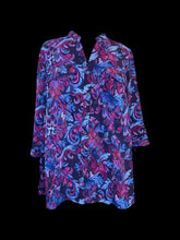 Load image into Gallery viewer, 2X Vintage 90s black, blue, &amp; purple 3/4 sleeve button down top w/ chest pockets, &amp; button cuffs
