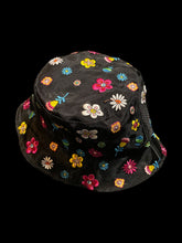 Load image into Gallery viewer, Black mesh &amp; multicolor floral embroidery bucket hat
