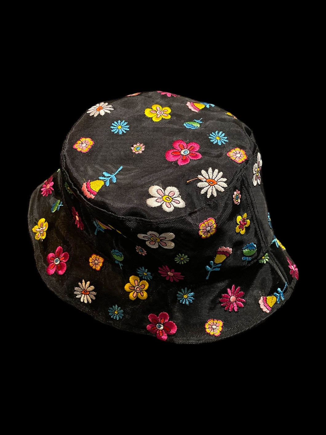 Black mesh & multicolor floral embroidery bucket hat
