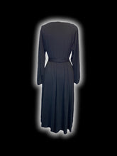 Load image into Gallery viewer, XL Black balloon sleeve mock wrap neckline maxi dress w/ side hem slit, clasp neckline, belt loops, &amp; cloth waist tie

