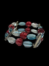 Load image into Gallery viewer, Blue, red, &amp; white beaded elastic bracelet w/ silver-like bar details

