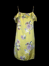 Load image into Gallery viewer, M Yellow &amp; multicolor floral satin flutter sleeve cold shoulder dress
