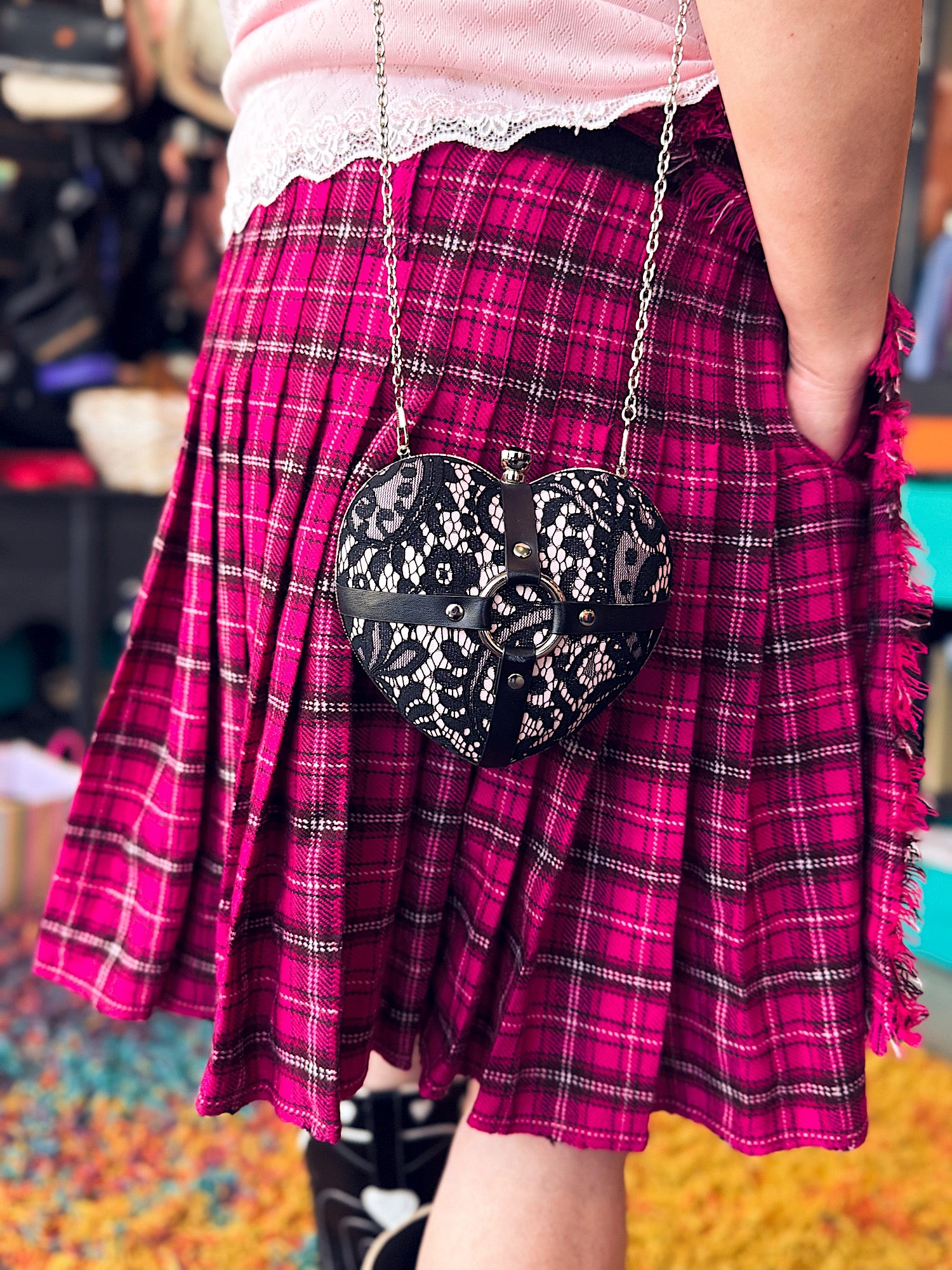 2X NWT VERILLAS hot pink, white, red, and black plaid kilt with Velcro wrap