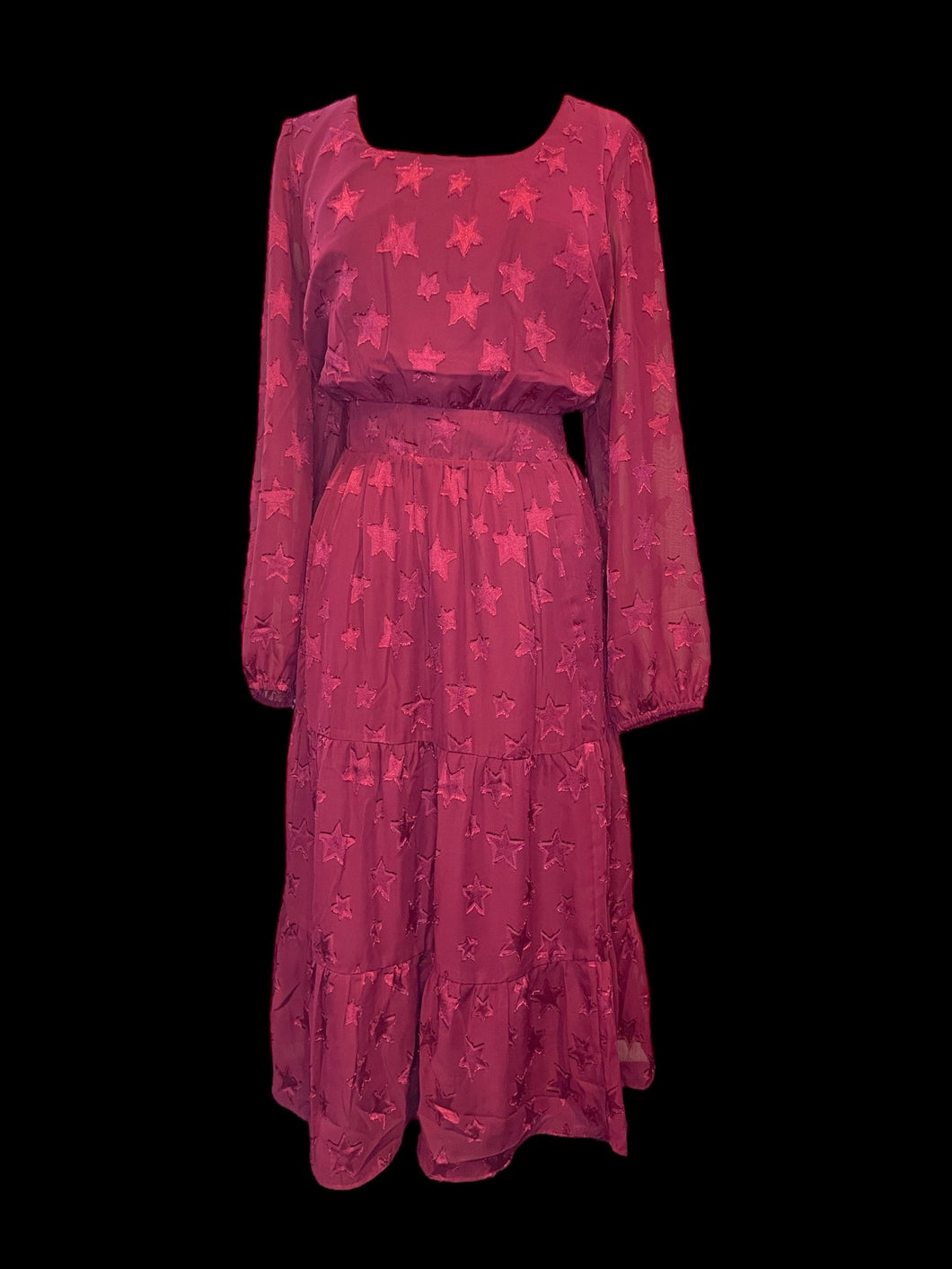1X NWT Berry star pattern balloon sleeve scoop neckline tiered maxi dress w/ button keyhole closure, & shirred waist