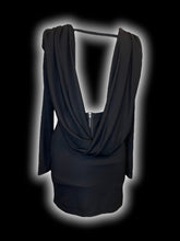 Load image into Gallery viewer, M Black long sleeve scoop neck low back mini dress w/ cape detail, &amp; zipper closure
