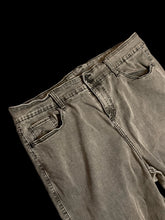 Load image into Gallery viewer, XL Dark grey cotton blend distressed high waist taper leg pants w/ raw hems, pockets, belt loops, two button/zipper closure
