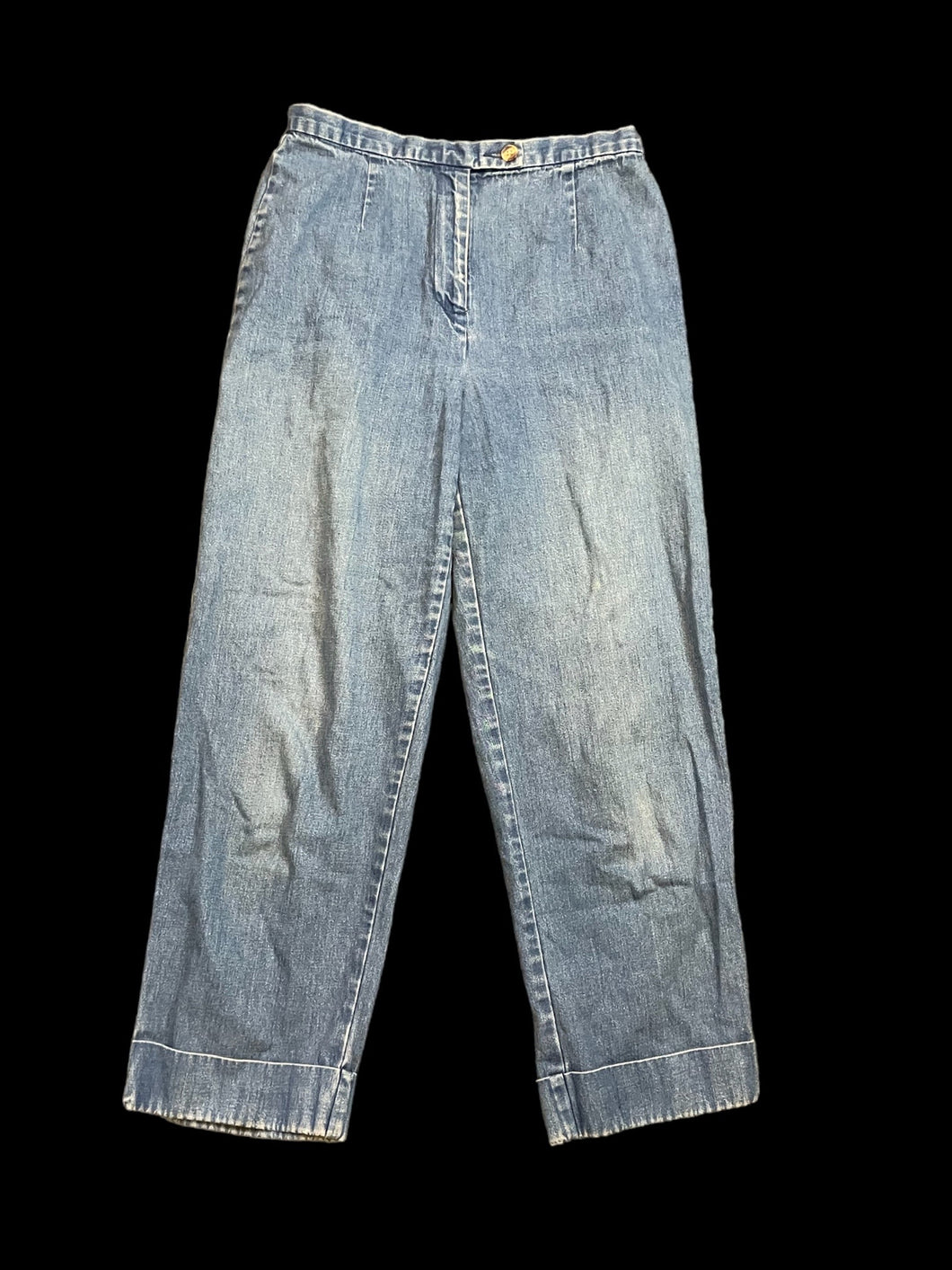 S Vintage 90s blue denim-like cotton high waist straight leg pants w/ pocket, cuffed hems, & double button/zipper closure