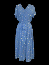 Load image into Gallery viewer, L Periwinkle, white, &amp; black floral pattern butterfly sleeve v-neckline button down maxi dress w/ cloth belt, &amp; clasp/zipper closure
