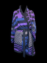 Load image into Gallery viewer, 3X Vintage 80s black, purple, blue, &amp; grey multi-pattern long sleeve open front cardigan w/ cloth belt
