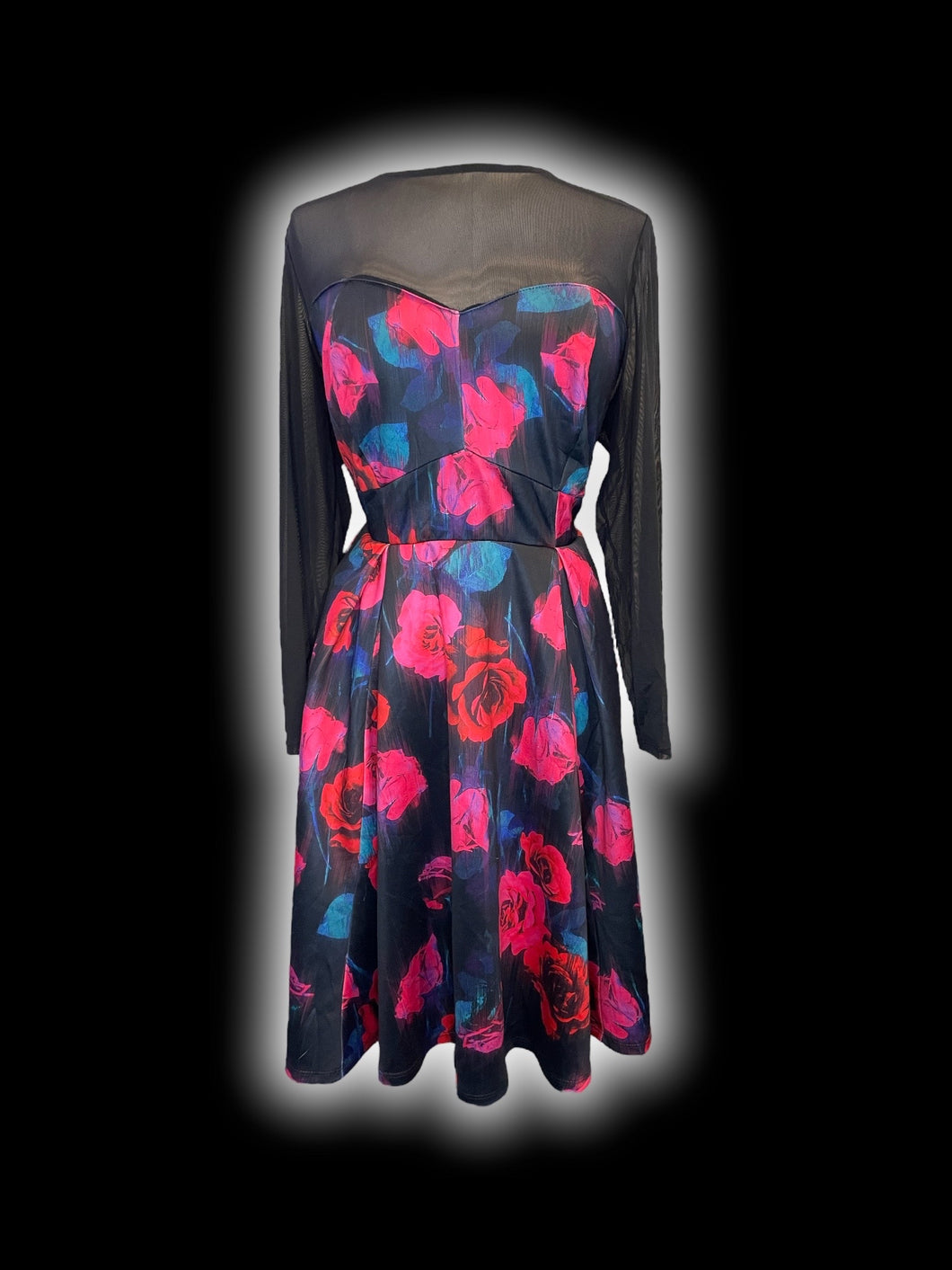 1X Black, pink, purple, & green floral pattern mesh long sleeve dress w/ keyhole/button back, pockets, & lace-up detail