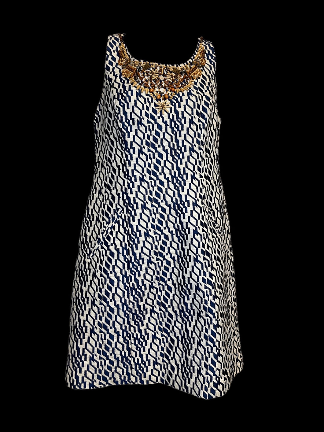 S Dark blue & white geometric pattern sleeveless round neckline bodycon dress w/ wooden bead collar, pockets, & clasp/zipper closure
