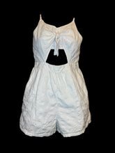 Load image into Gallery viewer, XS White eyelet embroidery sleeveless tie front romper w/ shelf bra, adjustable straps, keyhole detail, shirred back, &amp; pockets
