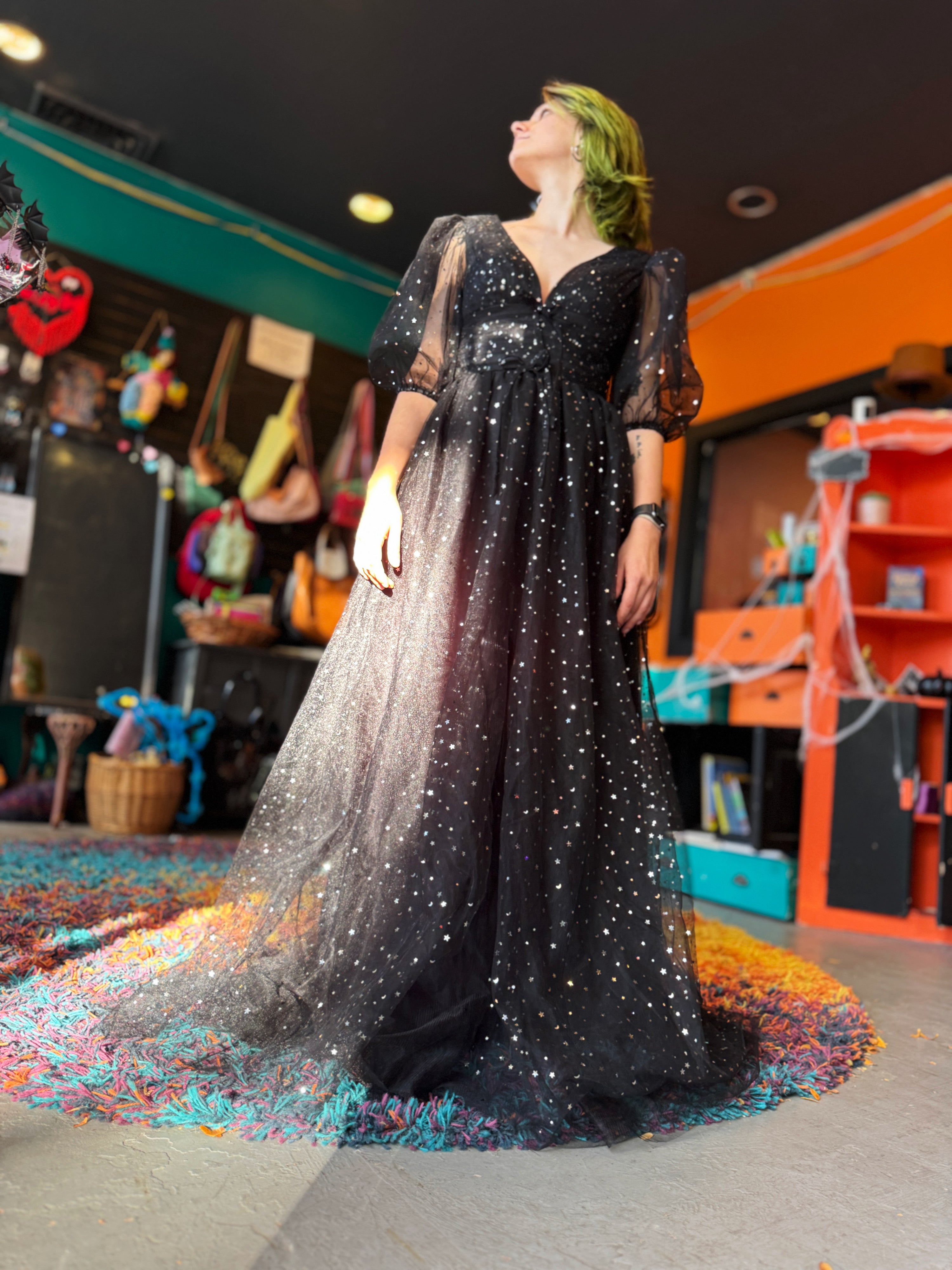 S beautiful black maxi dress with tule, celestial glitter,  lace up back, and balloon sleeves