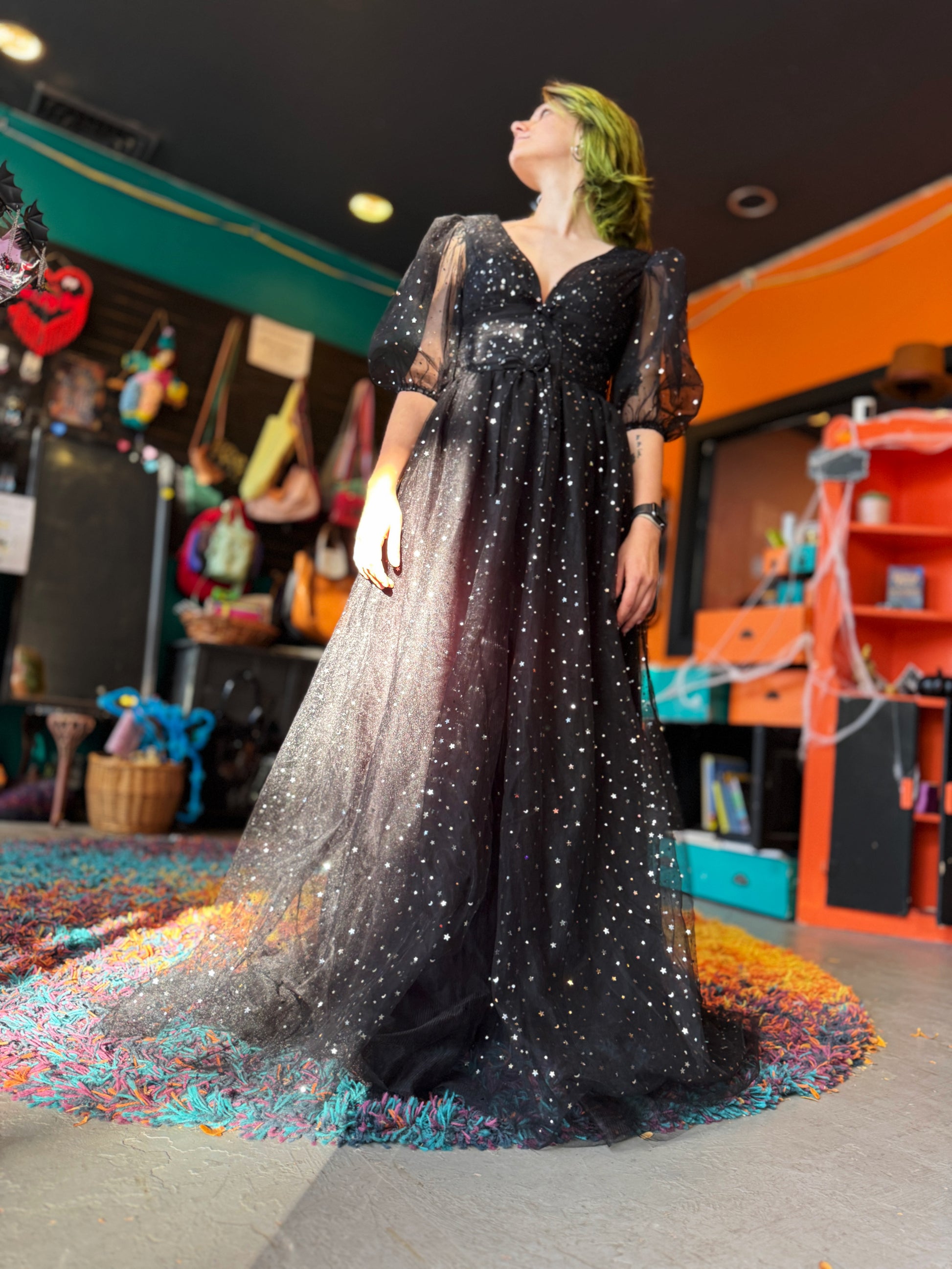 S beautiful black maxi dress with tule, celestial glitter,  lace up back, and balloon sleeves
