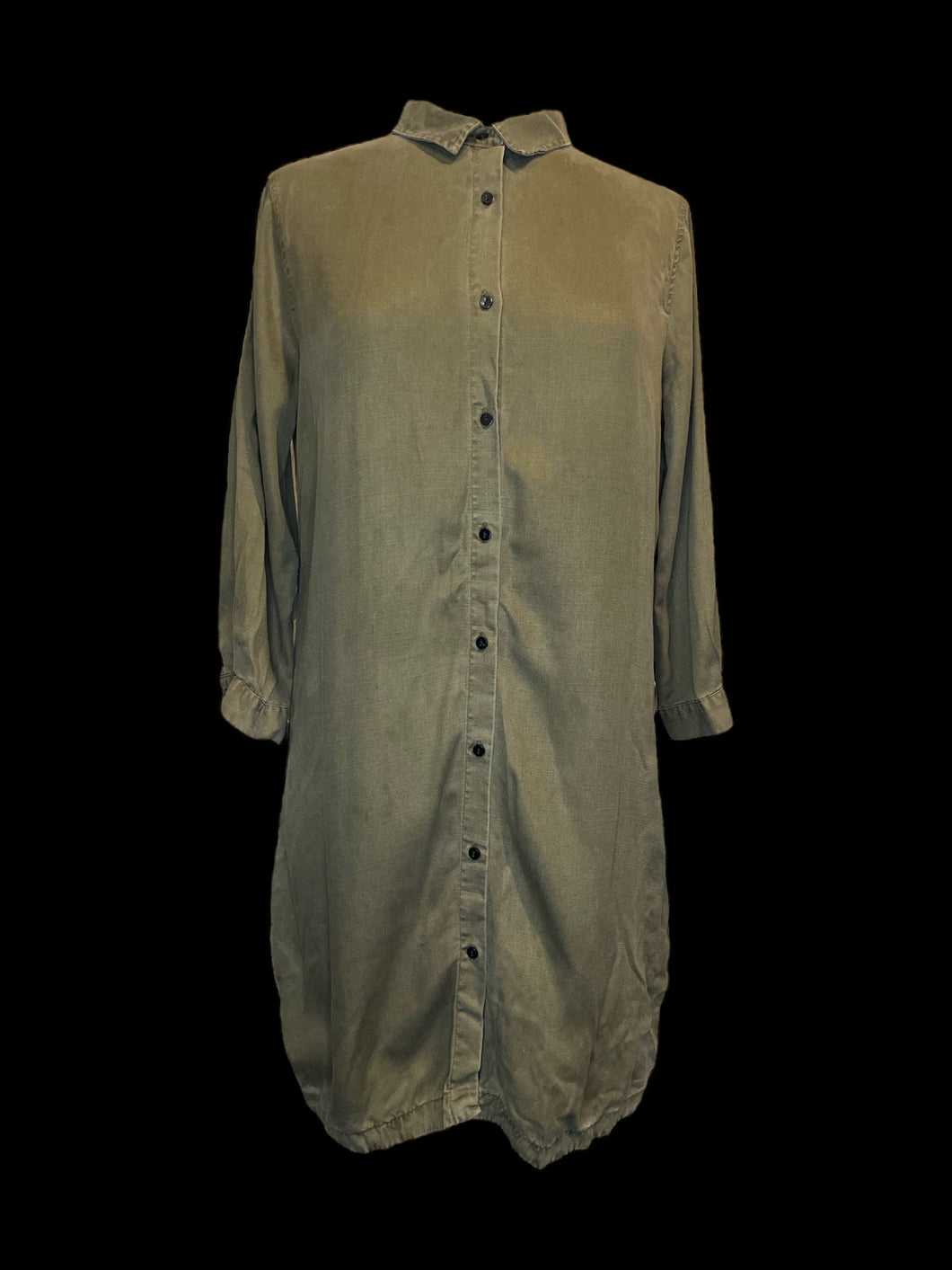 XL Olive green long sleeve button down dress w/ side hem slits, & folded collar