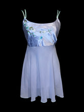 Load image into Gallery viewer, XL Lilac, blue, &amp; green satin &amp; botanical embroidery sleeveless scoop neckline dress w/ sheer skirt, &amp; attached tie belt

