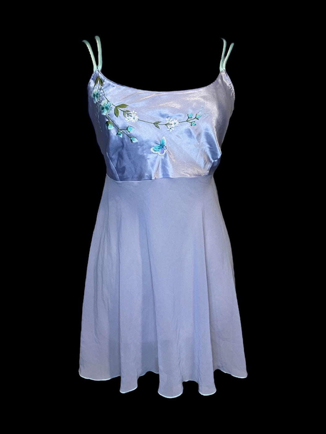 XL Lilac, blue, & green satin & botanical embroidery sleeveless scoop neckline dress w/ sheer skirt, & attached tie belt