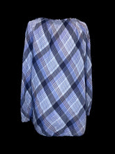 Load image into Gallery viewer, 4X Purple plaid balloon sleeve stretch neckline cotton top w/ button keyhole detail, &amp; elastic hem
