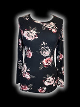 Load image into Gallery viewer, M Black, pink, &amp; green floral print long sleeve scoop neck top

