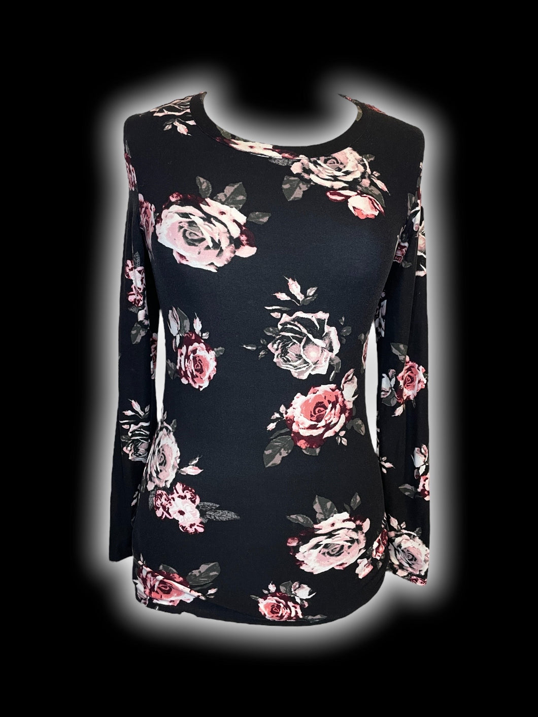 M Black, pink, & green floral print long sleeve scoop neck top