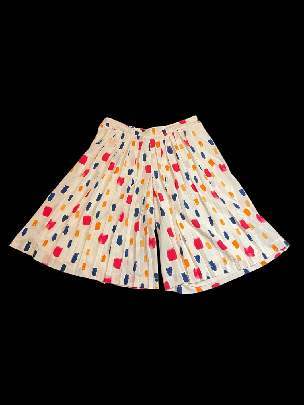 1X White, pink, blue, & orange abstract pattern high waist wide leg pleated shorts w/ elastic waist