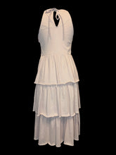 Load image into Gallery viewer, M Dusty rose faux mesh sleeveless high neckline tiered maxi dress w/ tie keyhole detail, &amp; zipper closure
