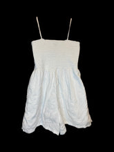 Load image into Gallery viewer, XS White eyelet embroidery sleeveless tie front romper w/ shelf bra, adjustable straps, keyhole detail, shirred back, &amp; pockets
