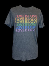 Load image into Gallery viewer, XL Heather grey &amp; rainbow “Love is Love” graphic short sleeve crew neck top
