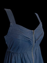 Load image into Gallery viewer, S Dark blue sleeveless zip-up cotton dress w/ pleating details, pockets, &amp; elastic waist

