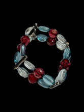 Load image into Gallery viewer, Blue, red, &amp; white beaded elastic bracelet w/ silver-like bar details
