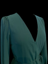 Load image into Gallery viewer, XS NWT Dark green balloon sleeve wrap gown w/ button cuffs
