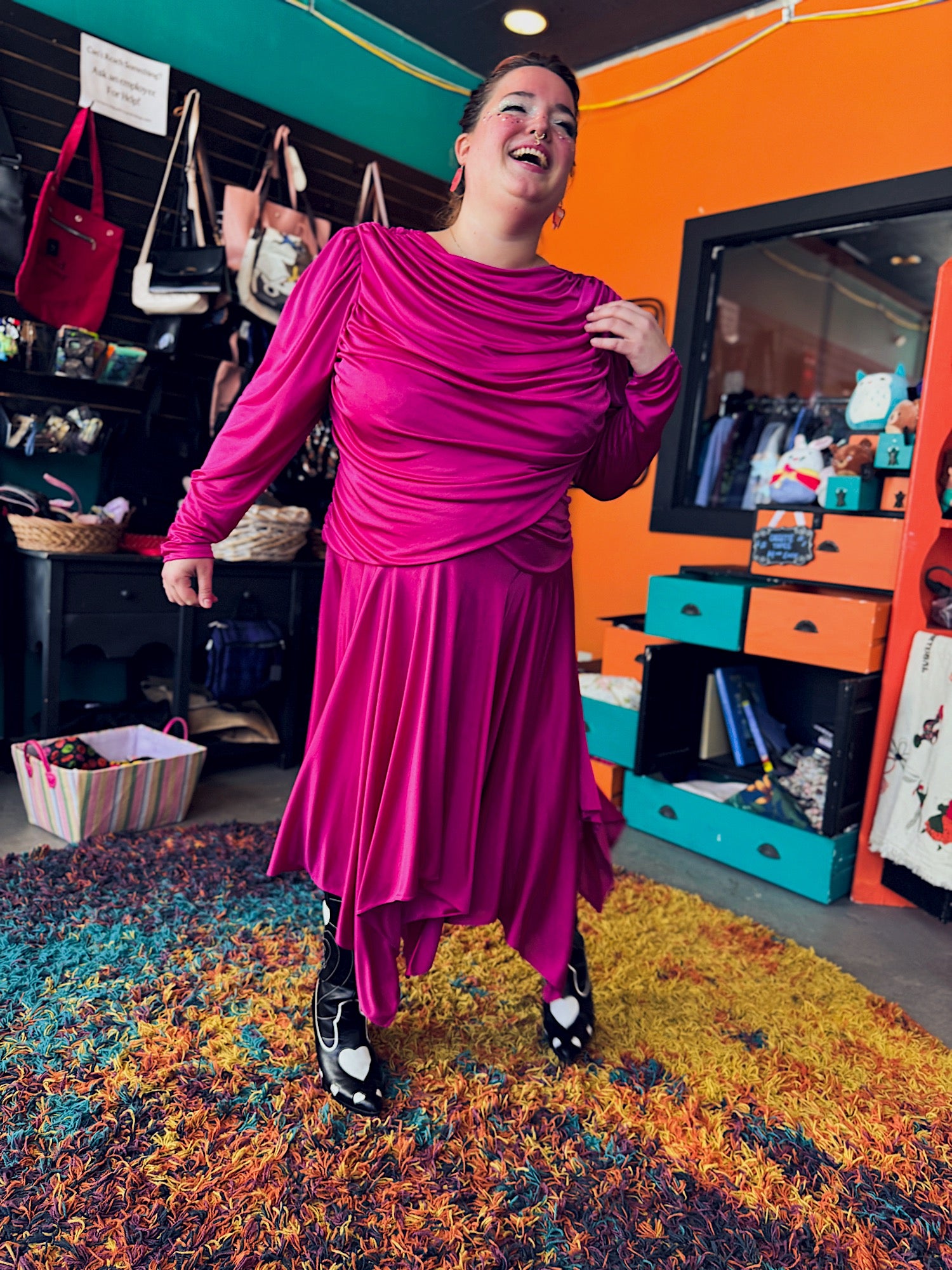 1X David Rose vintage hot pink long sleeve ruched dress with shoulder pads