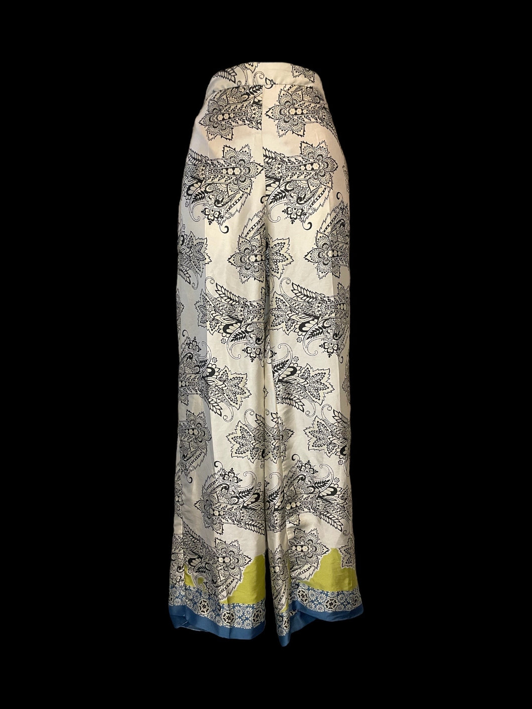 L Off-white, black, blue, & yellow paisley pattern high waist wide leg pants w/ elastic waist, & pockets