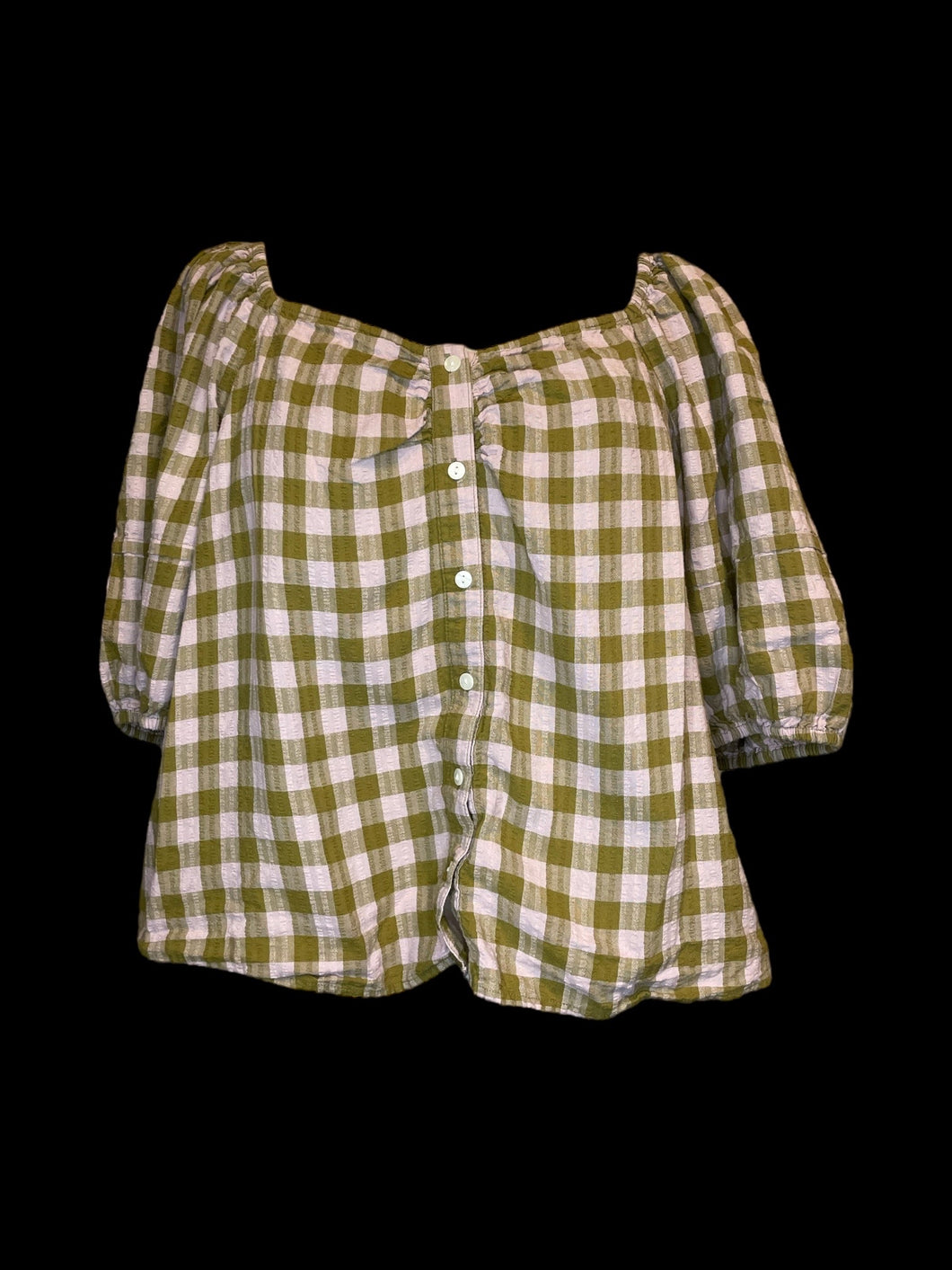 0X Olive green & pink gingham puff sleeve off the shoulder button down crop top w/ elastic details