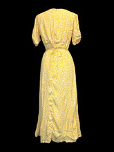 Load image into Gallery viewer, L Yellow, white, &amp; blue ditzy floral pattern puff sleeve v-neckline maxi dress w/ faux button front, attached waist tie, &amp; clasp/zipper closure
