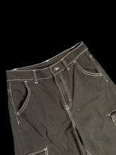 Load image into Gallery viewer, S Black denim high waist wide leg pants w/ white stitching, pockets, belt loops, &amp; button/zipper closure
